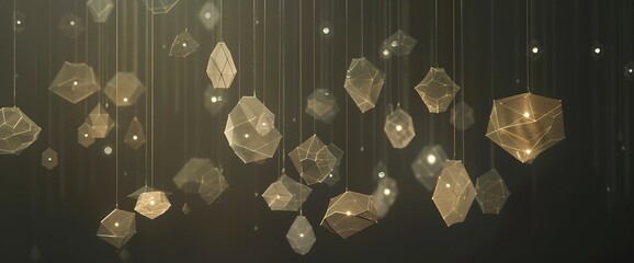 A constellation of geometric shapes hangs suspended in the void, their surfaces shimmering with an ethereal glow. Each element is connected by invisible threads, forming a web of intricate complexity.