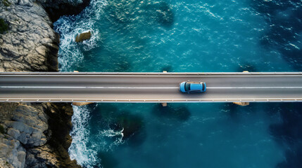 Aerial drone top view of blue car driving on bridge asphalt road above the sea or ocean water coast. Summer tourism travel and transportation landscape, trip, rock, cliff