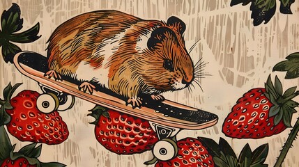 Block Print of A guinea pig riding a strawberry skateboard