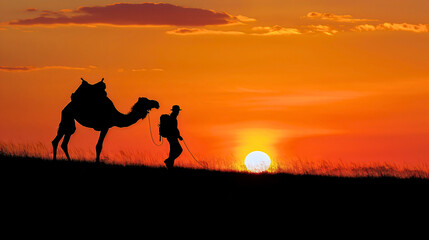 Silhouette of a man walking with a camel at sunset. Sand desert dune horizon sky landscape, safari adventure tourism and travel, copy space, Arabian tourist outdoors