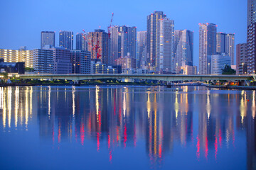 Obraz premium 東京都 隅田川の佃大橋と高層ビル群