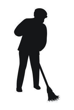 recommend clip art: Janitor sweeps with a broom, black silhouette
