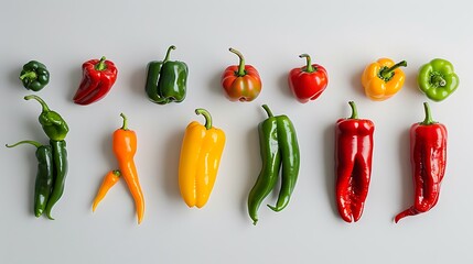 Various types of peppers arranged neatly on a white surface, showcasing the vibrant colors and diverse shapes of these culinary delights.