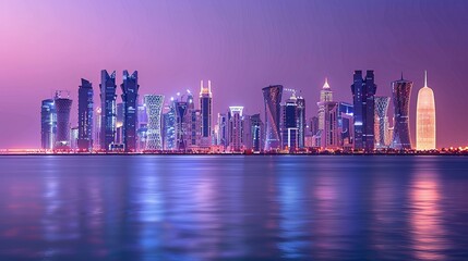 Naklejka premium The skyline of Doha city after sunset, Qatar.