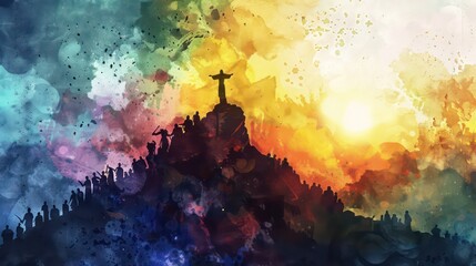 Fototapeta premium Silhouette of Jesus standing on top of a mountain and preaching to the crowd. Watercolor painting