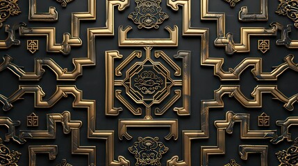 Traditional Chinese golden pattern on black background, seamless pattern design