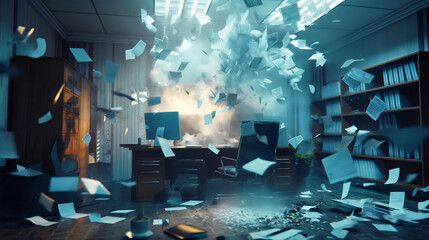 Pile or heap of paperwork documents flying in the air of messy business office workspace or workplace. Stack of papers, stress, explosion
