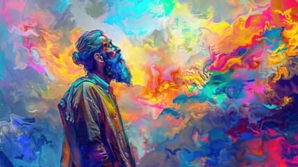 Abstract art. Colorful painting art portrait of Abraham standing outside on the steppes and looking up at the sky to count the stars. Generative AI.