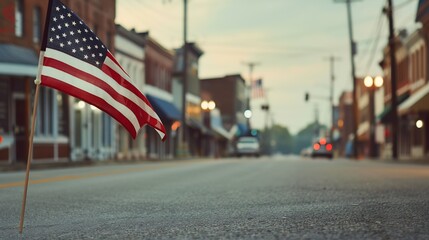 American flag fluttering in the breeze on a deserted main street on memorial day : Generative AI