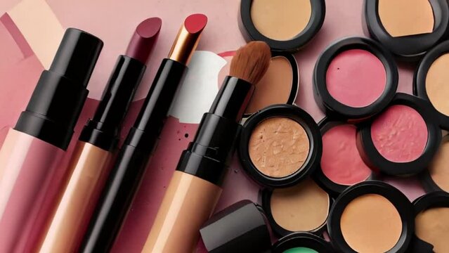Assortment of Makeup Products Including Lipstick, Foundation, Blush and Makeup Brushes