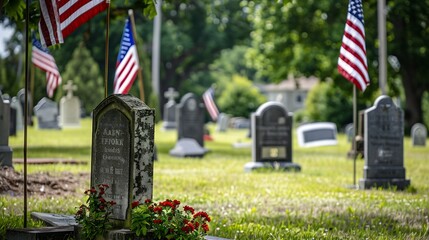 Small American flags and headstones at National cemetary Memorial Day display  with copy : Generative AI
