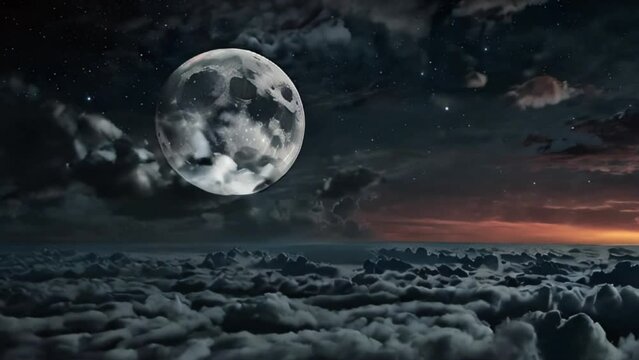 Full Moon Rising Above a Sea of Clouds with Stars in the Night Sky