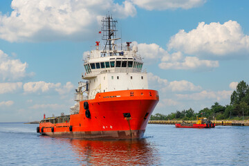Port of Gdansk, Poland, Baltic Sea, a specialized ship servicing drilling platforms, Basalt II, is sailing