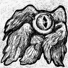 Original illustration created by human. Can be used as background or cover, clothes design, or other. Gothic art, magical sketch. Biblically accurate angel, eye with wings.