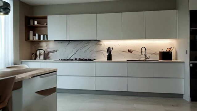 Modern Kitchen with White Cabinets, Marble Backsplash, and a Gas Stove