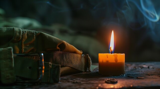 Burning Candle Old Army IDF Belt and an Israeli Soldiers Beret Israel Memorial Day Memorial Day for Fallen Soldiers and Victims of Hostile Acts concept : Generative AI