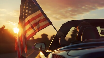 Man in the car holding american USA flag in the sunset Independence Day or traveling in America concept : Generative AI