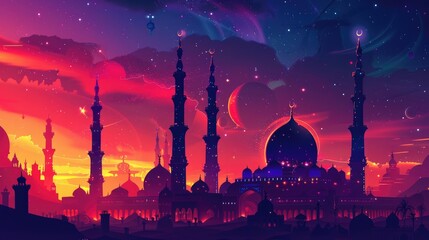 AI generated illustration of Ramadan, Eid Fitr and Eid Adha Graphic Design with Minarets and Mosques - Powered by Adobe