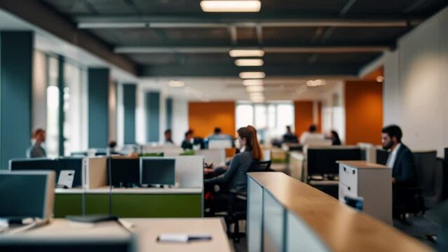 Open-Plan Office Space with Cubicles and Employees Working at Computers