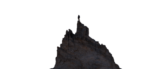 Adventure Man Hiker standing on top of Dramatic Rocky Mountain Peak. PNG Cutout. 3d Rendering