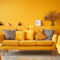 Cozy living room with a yellow accent wall, a comfortable yellow couch, and yellow throw pillows, perfect for relaxation