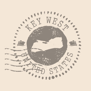Stamp Postal of Key West Island. Map Silhouette rubber Seal.  Design Retro Travel. Seal  Map of Key West grunge  for your design. United States.  EPS10