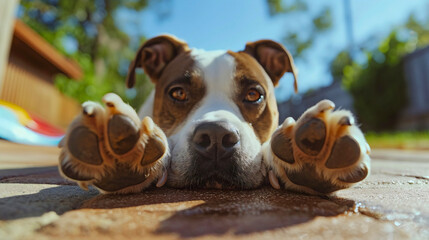 Closeup portrait of brown and white pitbull dog lying, resting and relaxing outdoors on a sunny summer day. Tired pet animal, hot temperature, heatwave, garden grass backyard outside