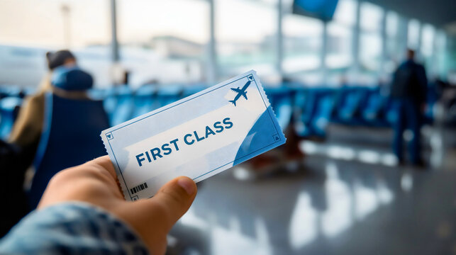 Closeup man hand holding the first class flight airplane ticket on airport interior. Luxury business passenger transportation seat, private VIP jet, rich millionaire, copy space