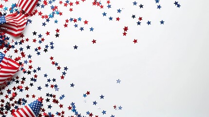 Obraz premium USA holiday banner design Frame of american flags and confetti stars on white background Happy Independence day Presidents Day Labor day concept : Generative AI