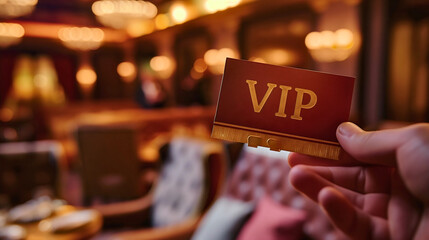 Hand holding luxury VIP restaurant table reservation or invite card. Premium elegant business dinner, copy space, fancy prestigious gold dining interior for guests lunch, elegance celebration