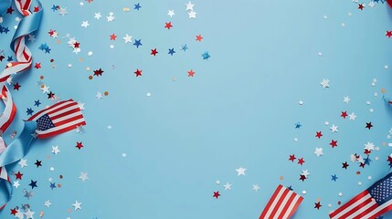Happy Presidents Day banner with grosgrain ribbon American flags and confetti stars on blue background USA Independence Day American Labor day Memorial Day US election concept : Generative AI