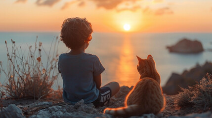 A boy and a cat are watching the sunset on the coast. 