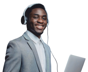 Happy young black African American businessman wearing headphones, holding laptop notebook computer, isolated on transparent png background. Online internet wireless communication, freelancer career