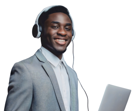 Happy young black African American businessman wearing headphones, holding laptop notebook computer, isolated on transparent png background. Online internet wireless communication, freelancer career