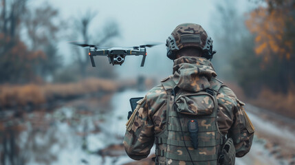 A soldier in camouflage flying a drone