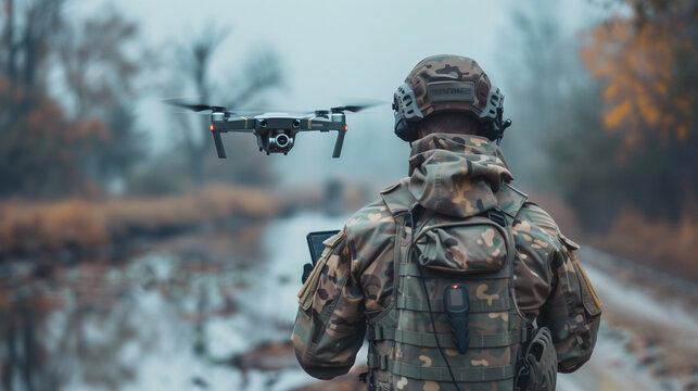 A soldier in camouflage flying a drone