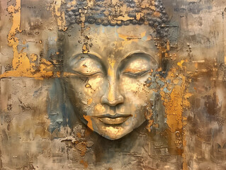 Buddha on a light background, in muted earth and gold colors, in the style of acrylic painting. Vesak. Nirvana. Enlightenment.