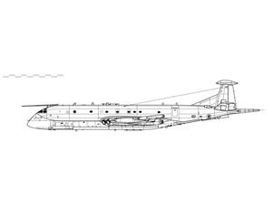 Hawker Siddeley Nimrod MR2. Maritime reconnaissance, patrol and anti-shipping aircraft. Side view. Image for illustration and infographics.
