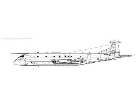Hawker Siddeley Nimrod MR2. Maritime reconnaissance, patrol and anti-shipping aircraft. Side view. Image for illustration and infographics.