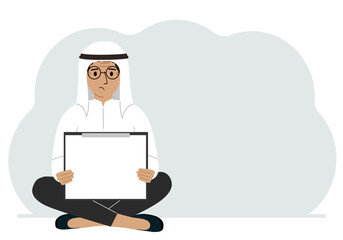 A man sits crossing his legs and holds a clipboard with a white read sheet for the text in his hands. Vector Flat Illustration