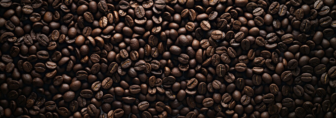 Roasted Coffee Beans Background, Rich and Aromatic, Dark Brown Tones, Close-Up

