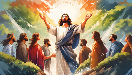 the resurrected Jesus appearing to his followers splashes. Digital illustration © ale studio 