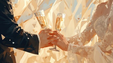 Witness the captivating scene of the bride and groom s hands interlocked raising champagne glasses in celebration of their love on their special wedding day