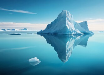 Arctic landscape, large breakaway iceberg floating on a calm sea with reflection in the water. clear blue sky. Background, wallpaper
