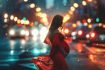 A pregnant woman poses gracefully against a city traffic background filled with enchanting colors and soft lighting