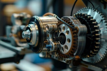 Obraz premium Precision Engineering in Electric Vehicles, Mechanical Gears in Industrial Setting