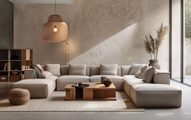 Modern living room interior with comfortable beige sofa