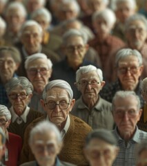 Group of senior faces looking forward, showing diverse elderly individuals in a crowd