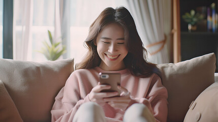 Happy beautiful woman checking social media holding smartphone sitting on a sofa at home. Smiling...