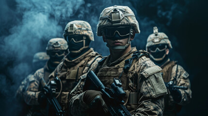 Obraz premium A Cinematic scene, a group of special operation soldiers posing in front of the camera. Special ops, army, marines